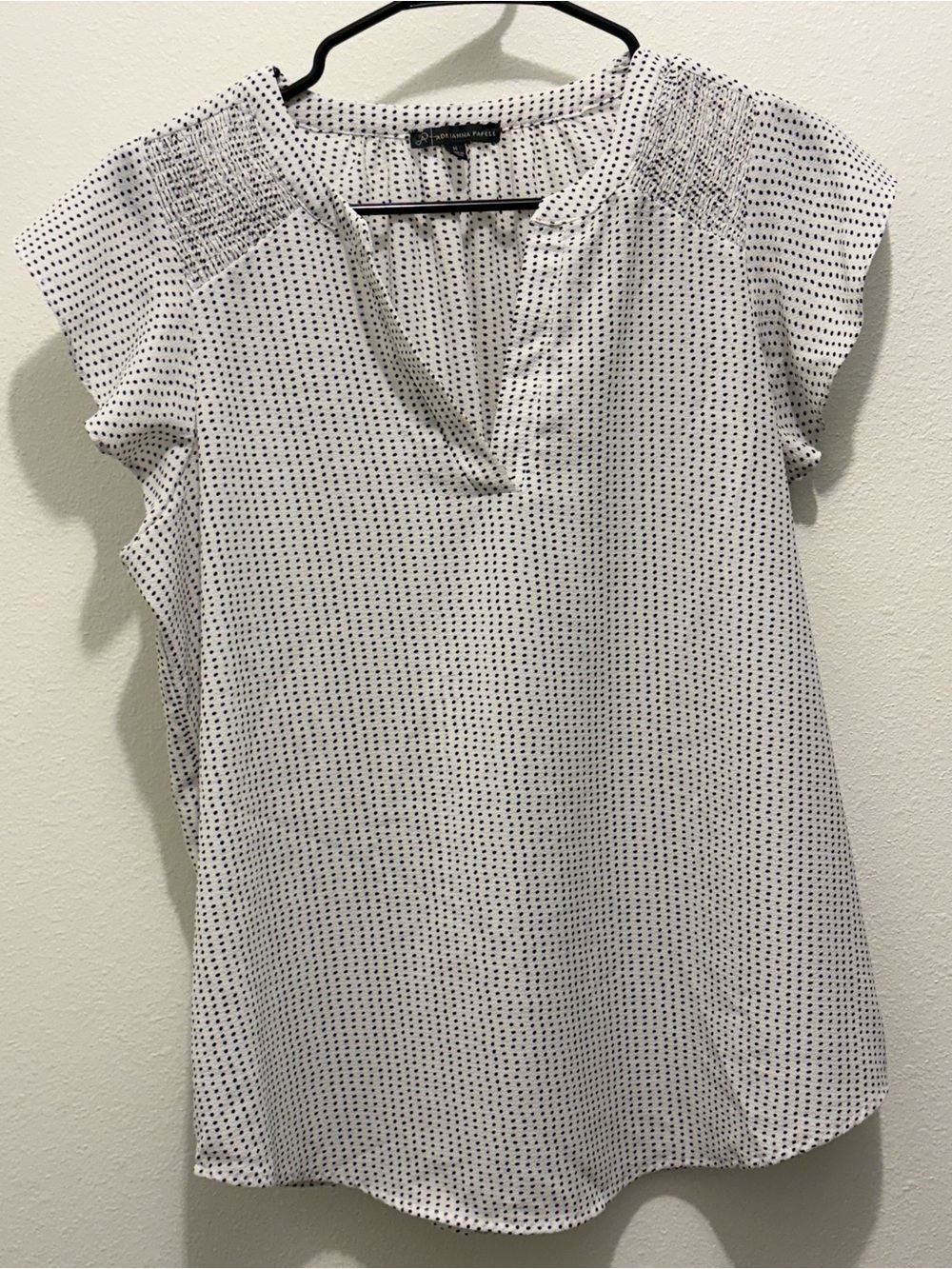 Adrianna Papell White Blouse with Black Micro Dot Pattern